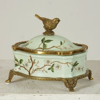 French Porcelain Dish With Lid & Bird Brass Handles And Feet Green Hand Painted
