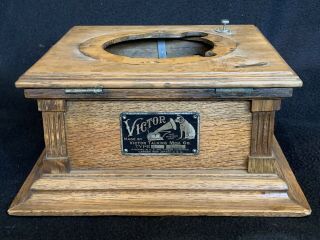 Antique Victor E Disc Phonograph Record Player Oak Cabinet Project W Id Tag