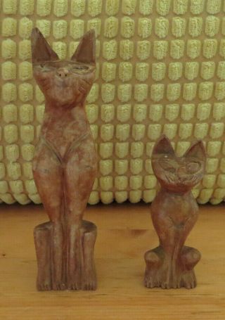 Pair Vintage Mid Century Modern Hand Carved Wooden Siamese Cat Figurines