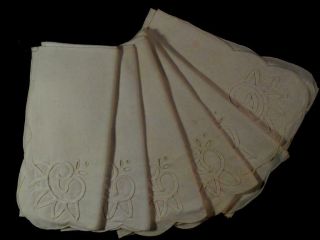 6 Vintage White Cotton 16 " Sq Napkins,  Soutache Trimmed Cut Work