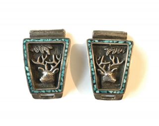 Vintage Southwestern Sterling Silver Stag Turquoise Watch Band Tips - Signed