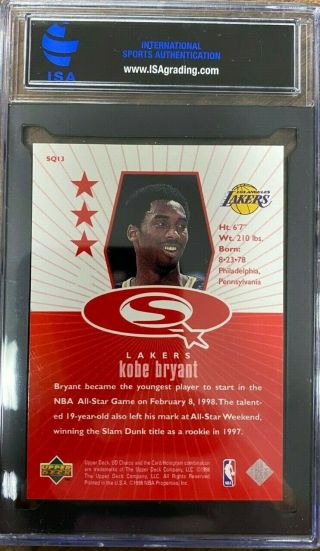 1998 - 99 Kobe Bryant Upper Deck UD Choice Starquest Red SQ13 ISA Gem 10 Lakers 2