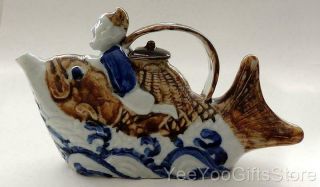 Antique Japanese Porcelain - Pottery Hirado Carp Fish Rider Tea/sake Pot