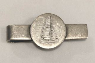 Vintage Lenore Doskow 925 Sterling Silver Engraved Sailboat Tie Bar / Money Clip