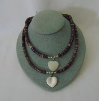 Vintage Puka Shell Multi - Color Brown Necklace With White Heart Shaped Pendant 2