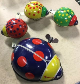 Vintage Tin Lithograph Wind - Up Lady Bug Toy Train Big Bug & 3 Little Bugs 13 " L