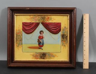 Antique 19thc Folk Art Reversed Painting Glass Tablet,  Little Girl On Stage,  Nr