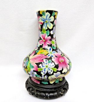 Signed Antique Chinese Porcelain Millefleur 1000 Flowers Vase W/ Stand
