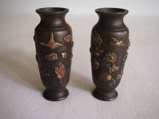 Antique Japanese Bronze Mixed Metal Vases