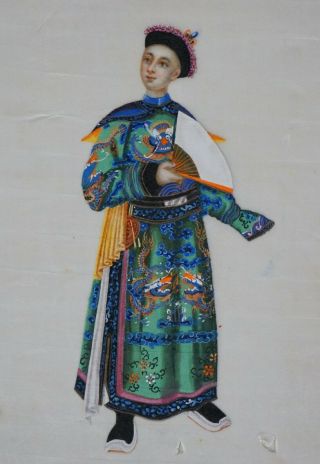 Fine Antique Chinese Pith Rice Paper Gouache Emperor Guangxu Portrait Painting