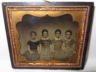 Antique 1/6 Plate Ambrotype Photo Of 4 Young Girls / Sisters Holding Hands