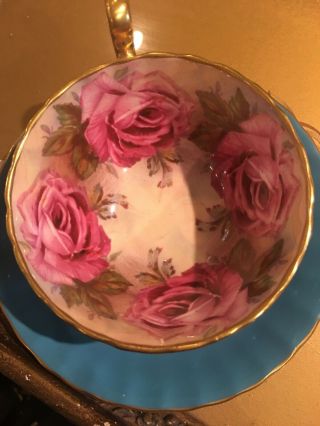 Aynsley Pink Cabbage Roses Tea Cup With Aqua Outside And Aqua Saucer