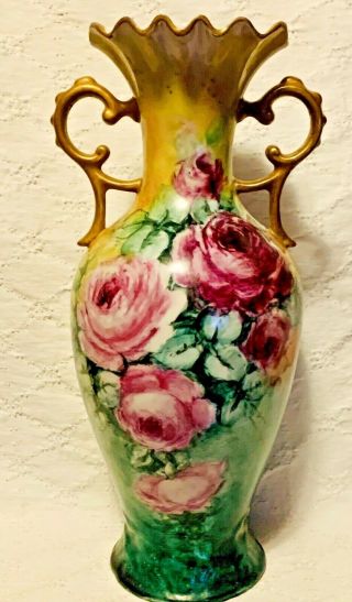 Antique Nippon? Large Hand Painted Floral Porcelain Vase 2 Gold Handles Numbered