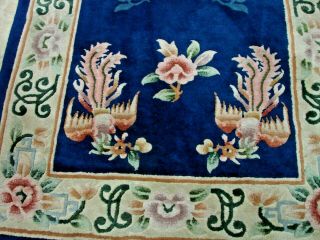 Vintage Hand Made Antique Peking Chinese Rug Blue Wool Dragon Birds Flowers Tags