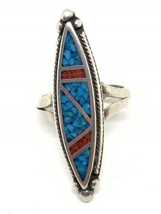 Stunning Large Zuni Sterling Silver Inlaid Turquoise Coral Ring Size 7 8g Vtg