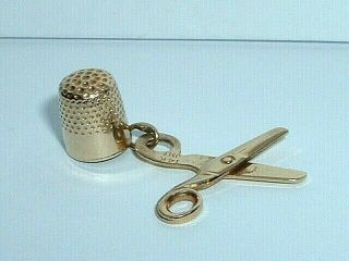 Vintage 14k Yellow Gold 3d Thimble & Moveable Scissors Sewing Charm