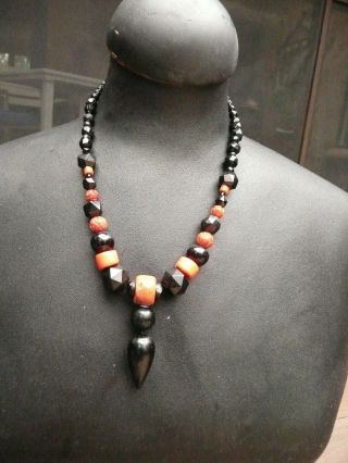 Antique Whitby Jet,  Hand Carved Red Coral Necklace With Drop Pendant