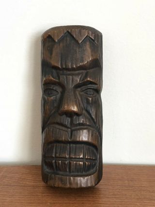 Vintage 1970s Hand Carved African Tiki Tribal Wood Mask Small Wall Art Wooden