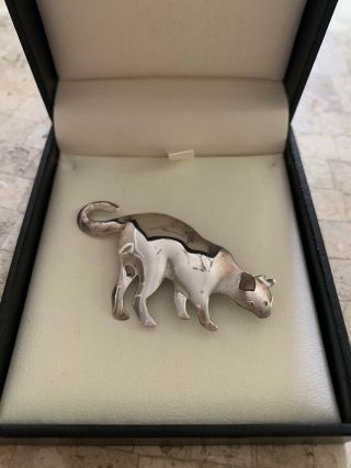 Vintage Hand - Made Sterling Silver Cat Brooch Pin -