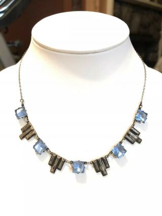 Antique Art Deco Sterling Blue Czech Glass Open Back Collar Necklace 15”