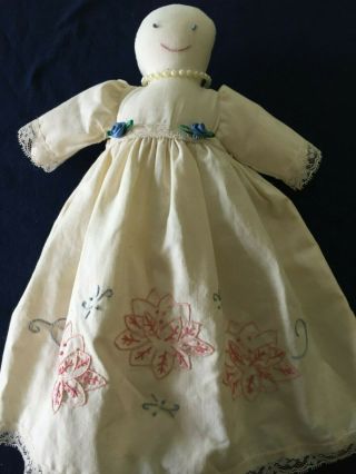 Vintage Hand Made 14 " Rag Doll Baby Doll W/ Embroidered Dress,  Lace And Beads