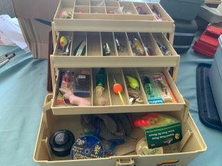 Plano Tackle Box W/ Lures,  Bobbers,  Rubber Worms,  Weights,  Spoons,  Etc.