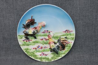 Vintage 3d Handpainted Porcelain Fighting Cock Rooster Plate Japan 8 1/4 ",  Vguc