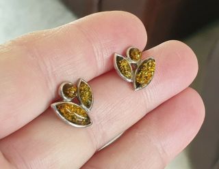 Vintage Art Deco Jewellery Inset Amber Cabochon Sterling Silver Earrings