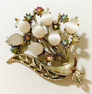 Vintage Gold Tone Lucite & Aurora Borealis Crystal Flower Bouquet Brooch