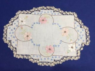 Vintage Hand Crocheted Embroidered Floral Linen Doily - 52cm X 36cm