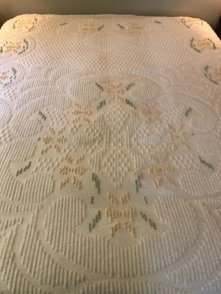 Vintage Full Queen Size Chenille Bedspread White Yellow Flowers Blanket Antique