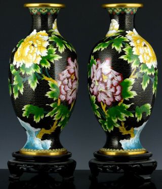 Large Fine Quality Pair Chinese Famille Rose Cloisonne Enamel Gilt Bronze Vases