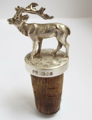 Quality English Antique 1906 Cast Solid Silver Stag Wine Bottle Stopper