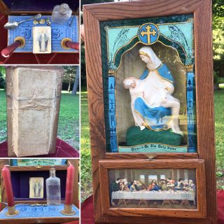 Wall Art Antique Catholic Last Rite Sick Call Prayer Box W Candle Holders