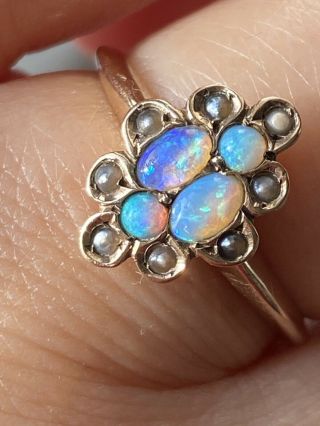 Antique Gold Vibrant Opals Split Pearls Gold Ring - Uk Size M