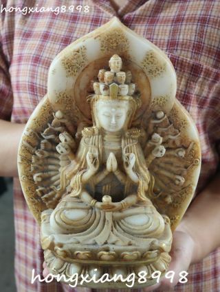 Marked China Old Jade Gilt 1000 Arms Avalokiteshvara Of Goddess Kwan - Yin Statue