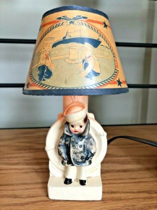 Vintage Wwii Era 1940’s U.  S.  A Navy Sailor Boy Chalkware Small Lamp With Shade.