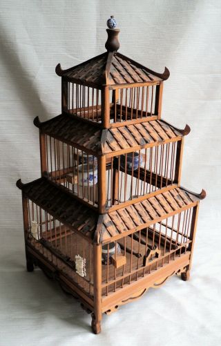 Antique Bamboo Wood Pagoda Bird Cage 4 Porcelain Bowls Sliding Door Carved Feet