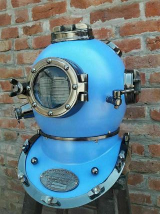 Antique Brass Blue Scuba Sca Marine Diving Divers Helmet Us Navy Mark V Decor
