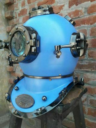 Antique Brass Blue Scuba SCA Marine Diving Divers Helmet US Navy Mark V Decor 2