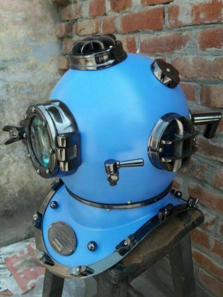 Antique Brass Blue Scuba SCA Marine Diving Divers Helmet US Navy Mark V Decor 3