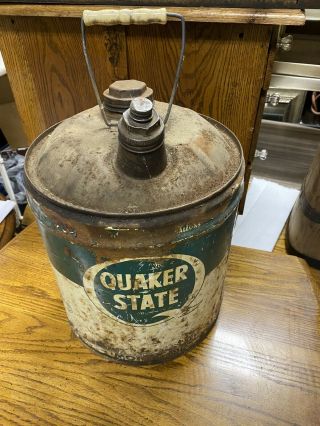 Vintage Quaker State 5 Gallon Motor Oil Can Gas Station - Handle.