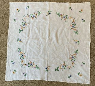 Vintage Flower Motif Hand Embroidered Linen Card Table Cloth Crochet Trim