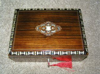 Antique Victorian Rosewood Jewellery/trinket Box With Inlay,  Lock & Key.