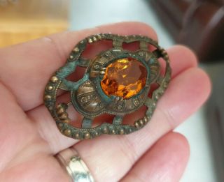 Old Vintage Jewellery Scottish Celtic Amber Crystal Plaid Brooch Pin
