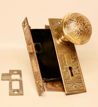 Antique Ornate Brass Door Knob Set With Back Plates And Ornate Mortis Lock