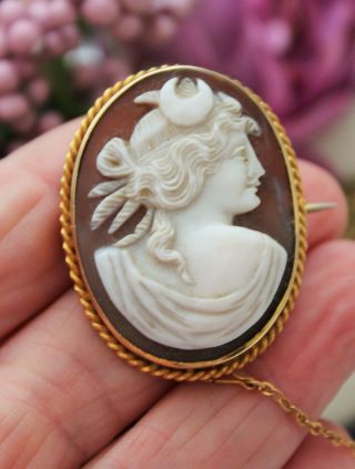 Antique Victorian 9ct Gold Carved Shell Cameo Brooch - Diana The Huntress