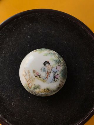 Small Antique Chinese Famille Rose Porcelain Ink Box Painted Figure 20c No Mark