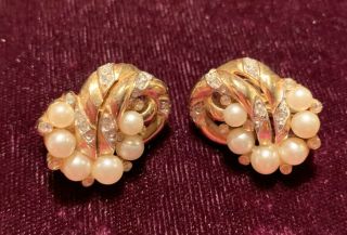Vintage Crown Trifari Rhinestone Faux Pearl Gold Tone Clip Earrings