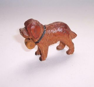 Antique Vintage Miniature Black Forest Hand Carved Wooden St Bernard Dog Figure